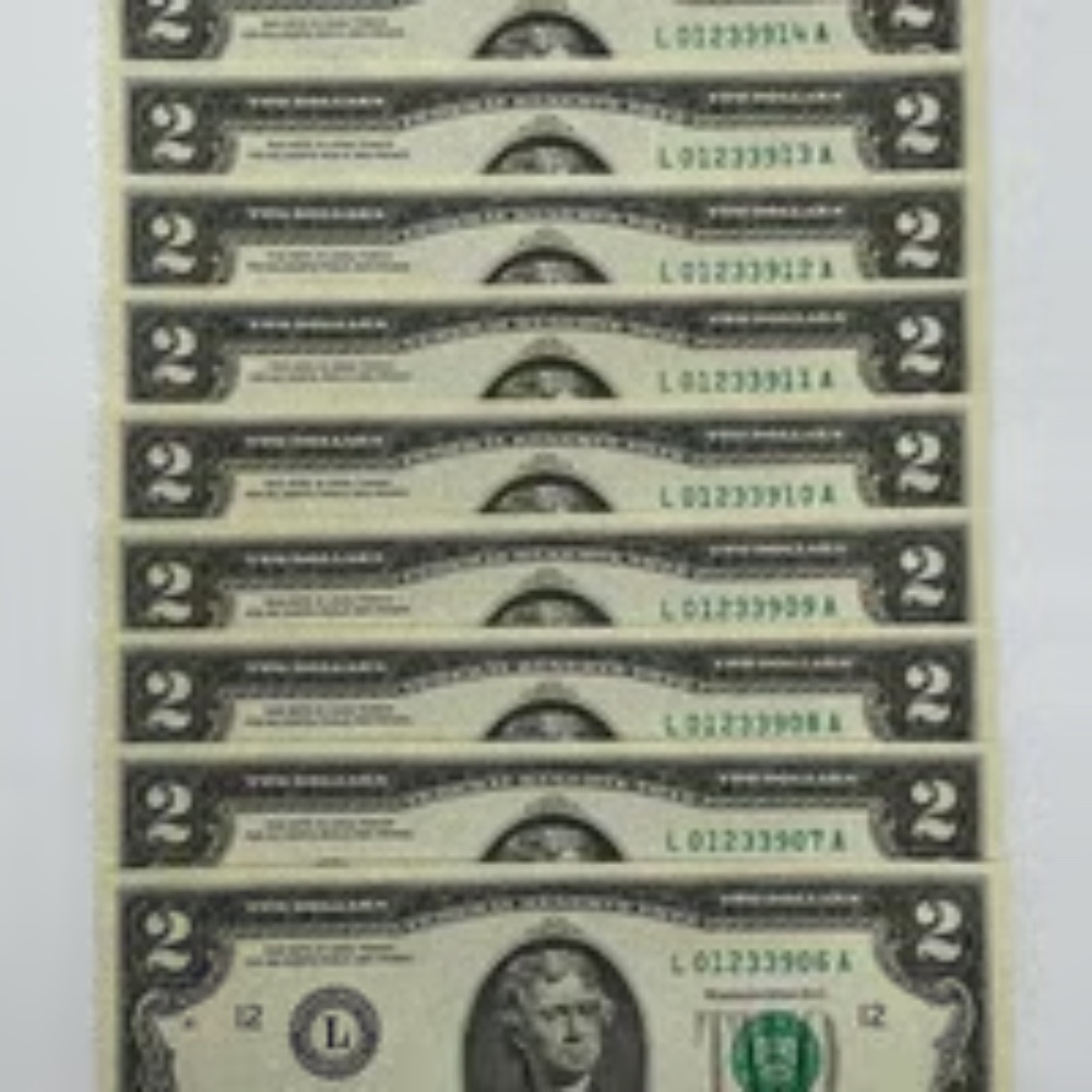 10 Uncirculated Two Dollar Bills Series 2017A $2 Sequential Notes Lot of 10